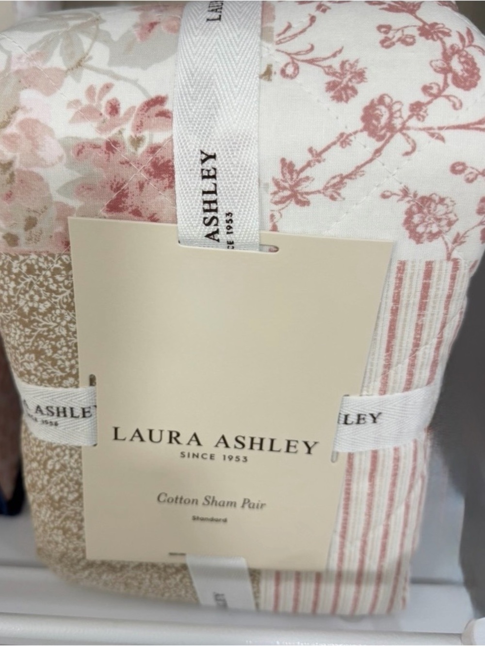 Laura Ashley 2PC Standard Sham Pair Nadi Pink White Patchwork 21x27 ~ Cottage